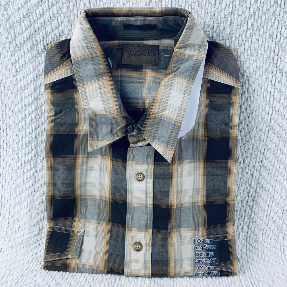 St Johns Bay Button Down Mens XXL Brown Plaid Chambray Long Sleeve Shirt Classic